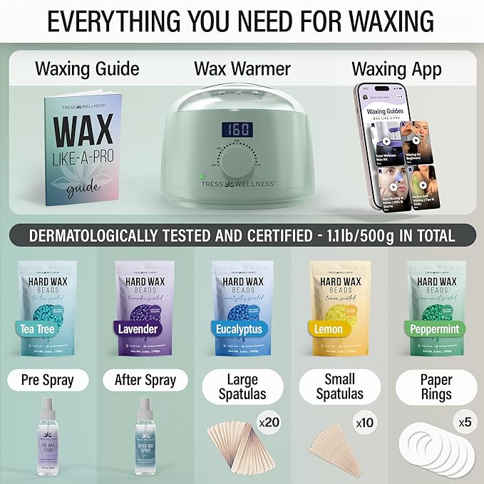 Tress Wellness Waxing Kit for Sensitive Skin – Safe for Face & Skin, Prep & Aftercare Spray, Easy to Use – At-Home Kit for Face, Bikini, Brazilian & Full Body - Digital Display, Green-BrightBean Baby
