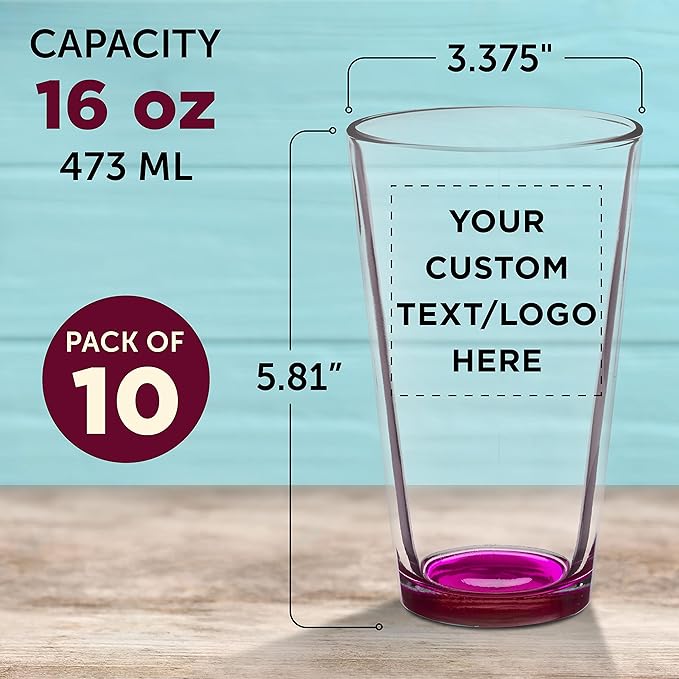 Custom Arc Pint Glass 16 oz. Set of 10, Personalized Bulk Pack - Beer Glasses, Heavy Duty Drinkware - Pink
