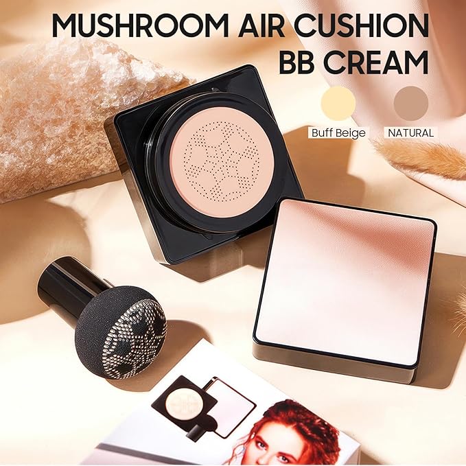 Air Cushion CC Cream Mushroom Head - Moisturizing & Oil Control Screw Lid Concealer Makeup Base, Primer Liquid Foundation Long Lasting with Mushroom Makeup Sponges for All Skin Types (Buff Beige)-BrightBean Baby