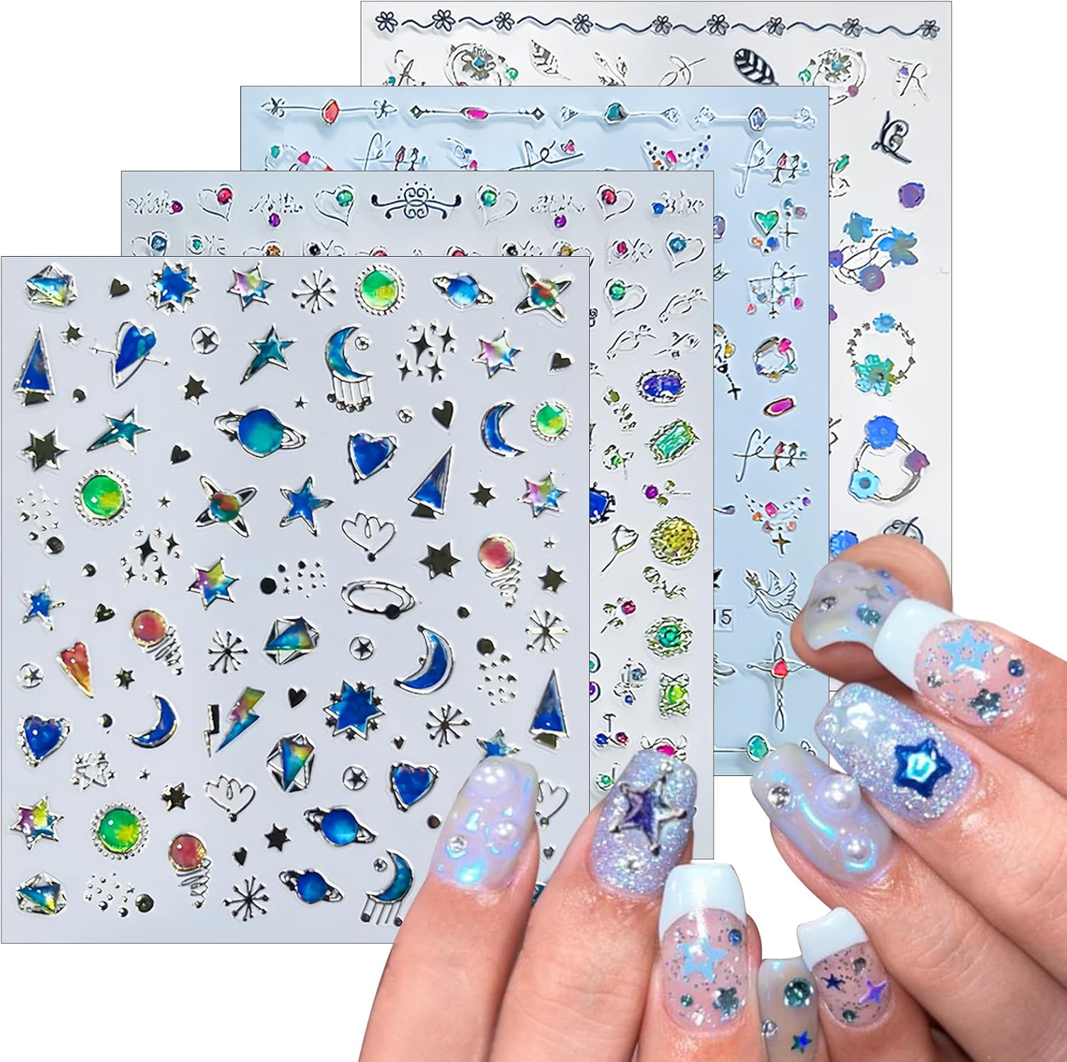 4 Sheets Star Sun Moon Nail Art Stickers 3D Holographic Self Adhesive Glitter Colorful Floral Nail Stickers Sparkly Heart Gems Design Nail Supplies for Women and Girls DIY Manicure Decoration-BrightBean Baby