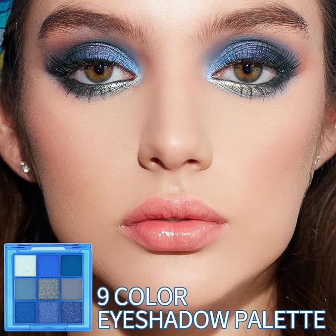 Erinde 9 Colors Dark Light Royal Cobalt Blue Pearl White Glitter Shimmer Eye Shadow Makeup Palette Highly Pigmented Waterproof Matte Glitter Shimmer Daily Party Sparkling Eyeshadow Palett for Girl-BrightBean Baby
