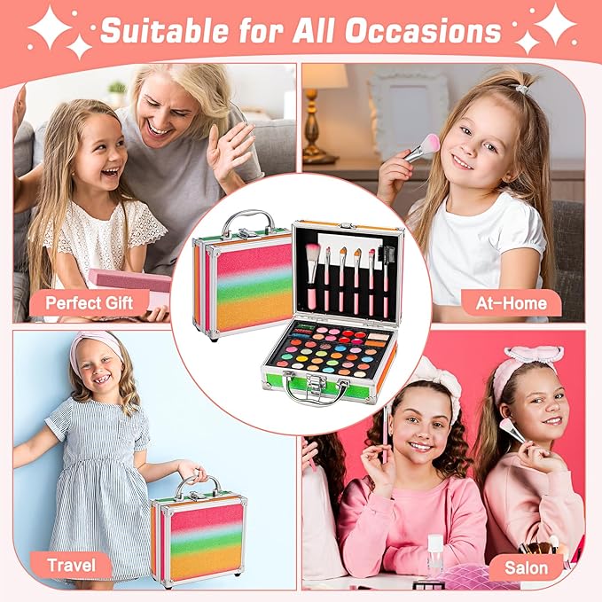 Anpro All-In-One Makeup Carry Case with Pro Teen Makeup Set, Full Starter Cosmetics Kit with Makeup Brushes, Eye Shadows Palette, Blushes, Glitter Gel, Temporary Tattoo Stickers-BrightBean Baby