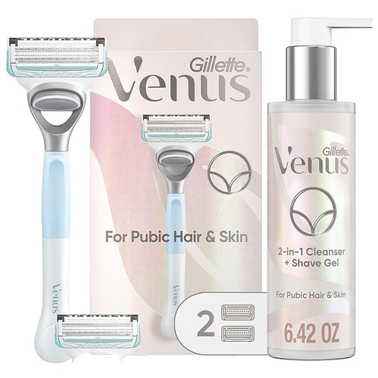 Gillette Venus for Pubic Hair and Skin Shaving Set, Women’s Razor, 1 Handle + 2 Blade Refills + 2-in-1 Cleanser-BrightBean Baby