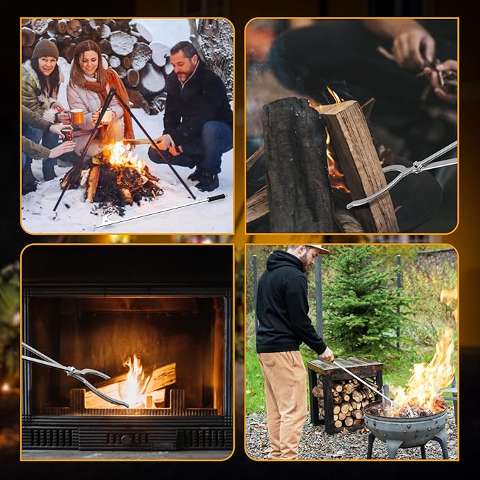 KEESHA 40" Fire Tongs Fire Pit Tongs Set, 40" Fire Poker Set Stainless Steel Log Grabbers Fire Pit Tools Fireplace Tongs for Outdoor Indoor Campfire Picnic Backyard Accessories