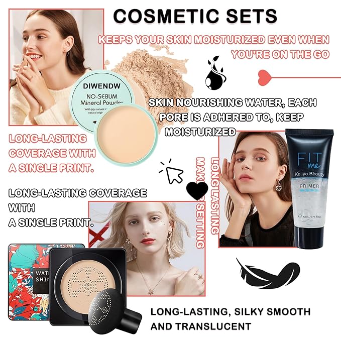Mushroom Head Air Cushion CC Cream Full Coverage Liquid Foundation Set,Oil Control Concealer Lasting Moisturizing BB Cream,Loose Setting Face Powder Moisturizer Base Primer Makeup with Makeup Sponge-BrightBean Baby