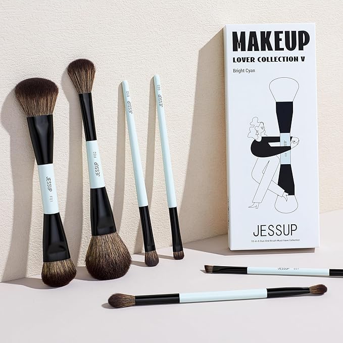 Jessup Makeup Brush Set 6pcs Double Sided Makeup Brushes Foundation Contour Blush Highlight Blending Eyebrow Brush Eyeshadow Brush, Vegan Fiber Make up Brush Bright Cyan T501-BrightBean Baby