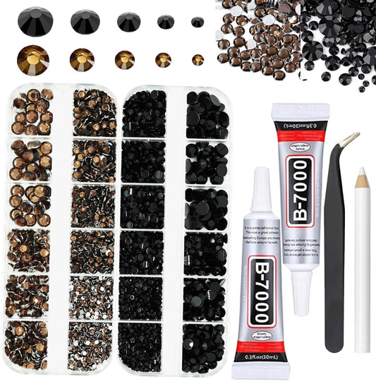 Black and Brown Rhinestones with Glue(S8-S30) for Bedazzling,2mm-6mm Non-Hotfix Flatback Nail Gems Beads with B7000, Resin Nail GemsStones Diamond Kit for Bedazzle Crafting, Nails DIY Art Decoration-BrightBean Baby