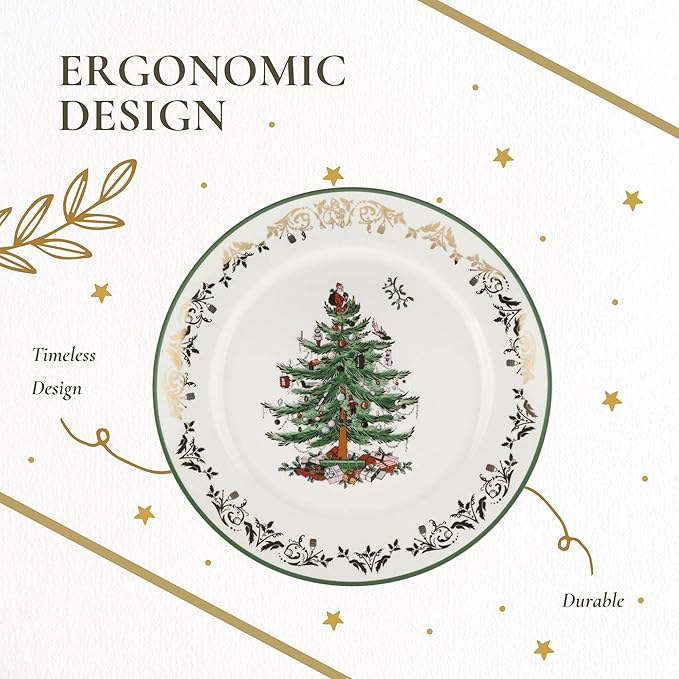 Spode Christmas Tree 12" Gold Round Serving Platter - Porcelain Serving Plate for Holiday Snacks, Appetizers, Buffet Displays - Microwave & Dishwasher Safe - Elegant Holiday Tableware
