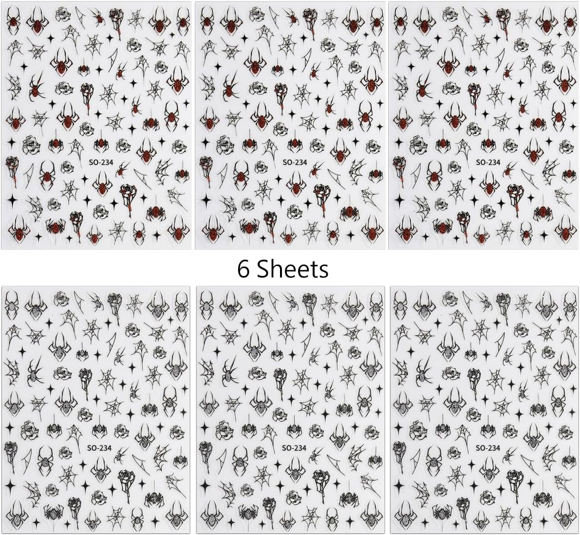 6Sheets Halloween Nail Art Stickers Decals, 3D Spider Nail Sticker Halloween Nail Decoration Self-Adhesive Black Red Silver Glitter Star Spider Web for Nails Stickers DIY Manicure Art Decoration-BrightBean Baby