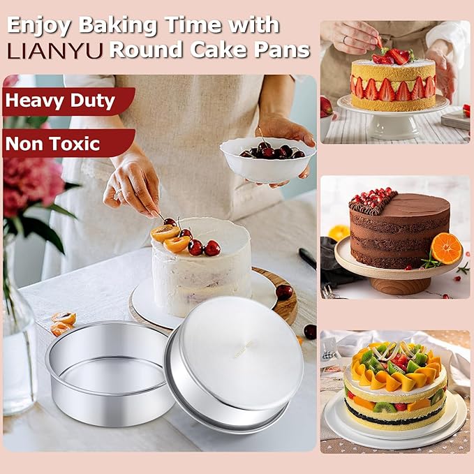 LIANYU 8 Inch Cake Pan Set of 3, Stainless Steel Round Baking Pans with 90 PCS Parchment Paper, Non Toxic Bakeware Tins for Layer Birthday Wedding Cake, Leak-proof & Dishwasher Safe