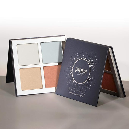 Pippa of London Eclipse Highlighter Palette 381 Make Up for Cheeks and Face with 4 Luxury Highlighters in a Silver Gold Case with Mirror-BrightBean Baby