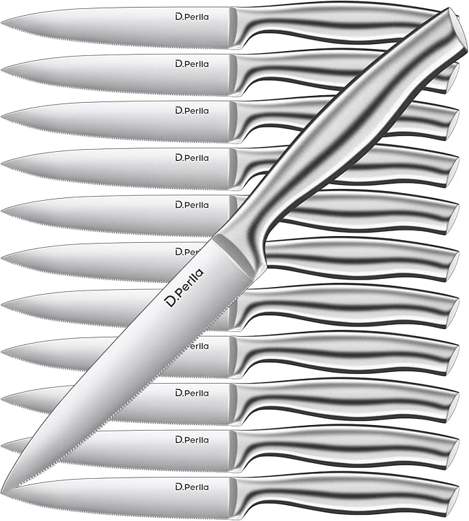 D.Perlla Steak Knives 12 Pieces Micro Serrated Steak Knife Set High Carbon Stainless Steel Steak Knives Set, Elegant Sharp Kitchen Steak Knife Set, Silver