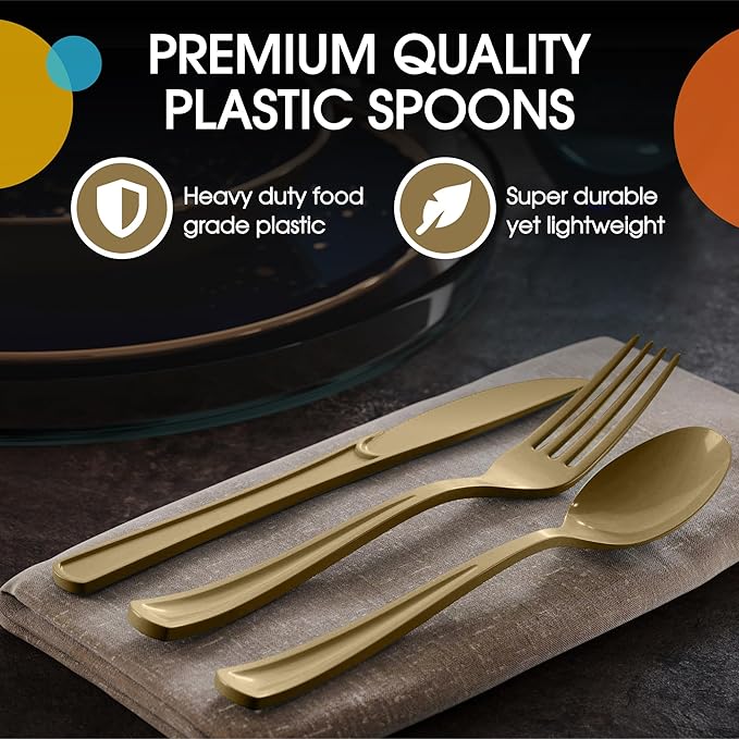 Party Solids Gold Plastic Silverware Heavy Duty 150 Pieces Gold Plastic Cutlery Sets, Utensil Sets, 50 Of Each Forks, Knives & Spoons Disposable Cutlery Set, Flatware Set For Party Supplies