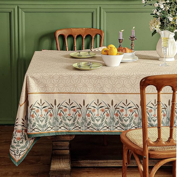 patdrea Designer Linen Vintage Table Cloth for Rectangle Table,Light Brown Durable French Floral Tablecloth,Decor Cover for Kitchen Dining,Christmas,Thanksgiving,Tea Party,55"x87"-Cudillero