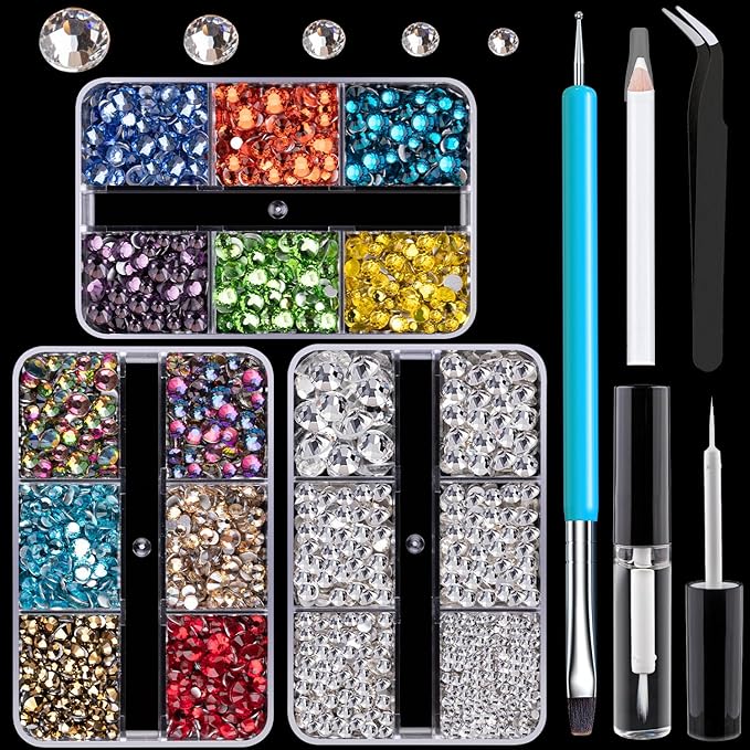 Colorful Face Gems for Makeup Set, Flatback Gorgeous Glass Clear+Mixed-Colored Crystals with Picker Pencil, Makeup Glue, Dual-End Dotting Tool, Tweezer for Eye Body Hair Make-up and Nail Art Deco-BrightBean Baby