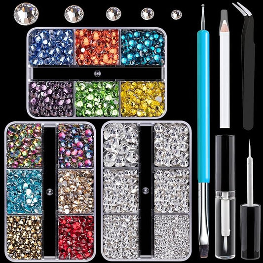 Colorful Face Gems for Makeup Set, Flatback Gorgeous Glass Clear+Mixed-Colored Crystals with Picker Pencil, Makeup Glue, Dual-End Dotting Tool, Tweezer for Eye Body Hair Make-up and Nail Art Deco-BrightBean Baby