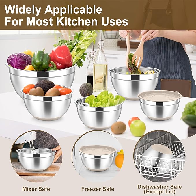 TeamFar Mixing Bowls, 6 PCS Stainless Steel Nesting Salad Bowl with Lids & 3 Graters, For Kitchen Cooking Serving Prepping, Airtight & Non-Slip, Size 4.6/3.5/2/1.5/1/0.7 QT, Khaki