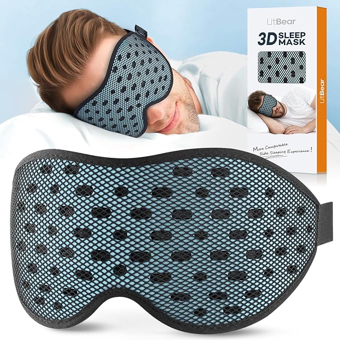 LitBear Breathable Sleep Mask, 3D Eye Mak Sleep for Side Sleepers Women Men, Light Blocking Sleeping Mask with Adjustable Strap, Soft Lightweight Eye Cover for Travel, Night Work, Nap -Ice Blue-BrightBean Baby