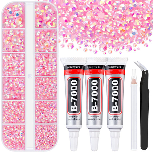 6000Pcs Resin Rhinestones for Bedazzling with 3Pcs B7000 Jewelry Glue, 1 Box Light Pink AB Flatback Rhinestones for Crafting Crafts DIY, Crystals Gems for Clothing Shoes Tumblers Nail Art Makeup-BrightBean Baby