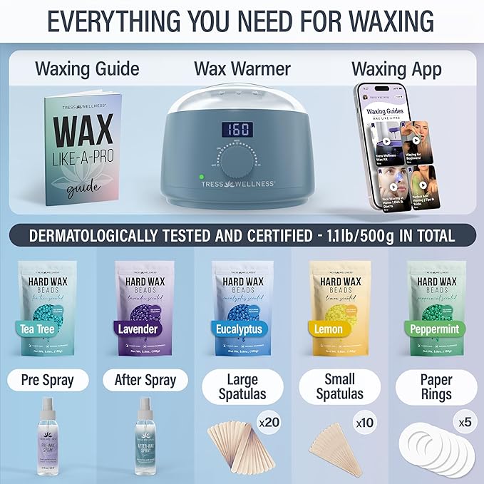Tress Wellness Waxing Kit for Sensitive Skin – Safe for Face & Skin, Prep & Aftercare Spray, Easy to Use – At-Home Kit for Face, Bikini, Brazilian & Full Body - Digital Display, Blue-BrightBean Baby