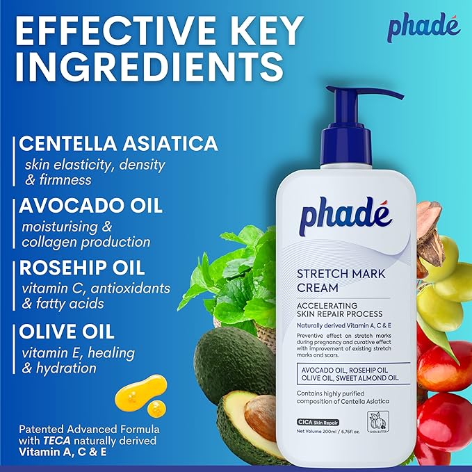 Phade Stretch Mark Cream with CICA - 200ml | Pregnancy, Scars, Uneven Skin Tone, Aging | Dermatologist Tested, Clinically Proven Formula for Stretch Marks, Hydration, and Skin Repair-BrightBean Baby