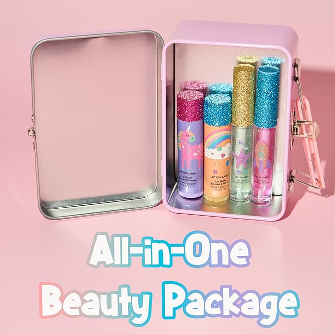 Expressions 5pc Rainbow Rhinestones Cosmetics Lip Kit For Kids w/Lip Glosses, Lip Balms & Tin Box Storage Case Magical Lip Set,Washable + Non Toxic-BrightBean Baby