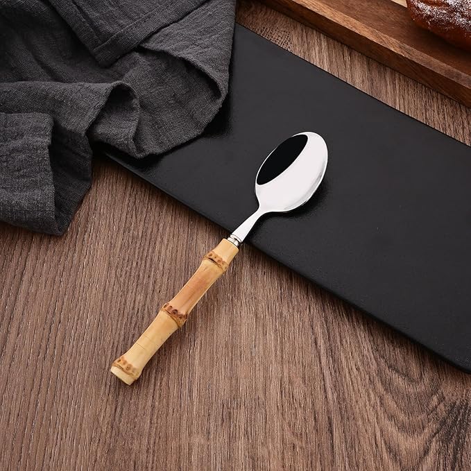 Dessert Spoon Set with Bamboo Handle, 8-Piece Stainless Steel Shiny Silver Dessert Spoon, Natural Bamboo Cutlery, Creative Design Small Spoons for Home Restaurant, 6.65 inch, Handcrafted