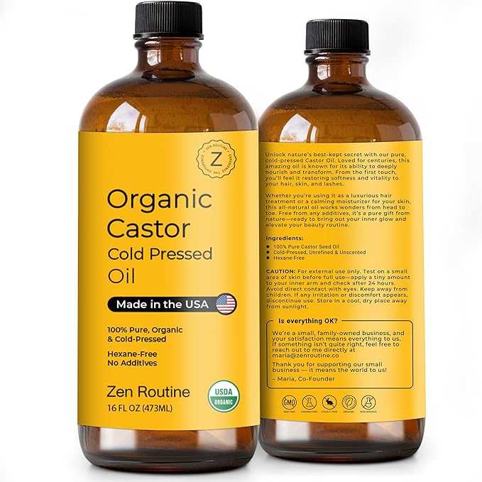 Zen Routine New (Glass Bottle) Organic Castor Oil 16oz – Hexane Free – Hair Growth Oil, Eye Lashes & Stomach, 100% Cold Pressed Unrefined Pure for Castor Pack Wrap – USDA Certified, Made in the USA-BrightBean Baby