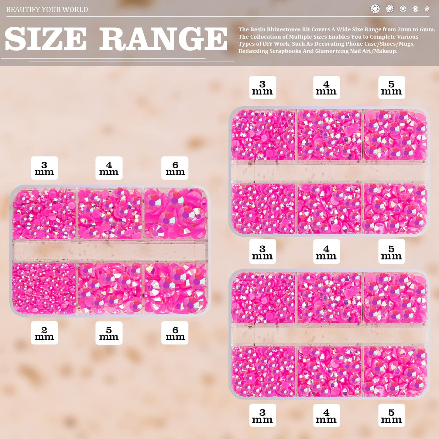 Resin Rhinestones Crafting, 2/3/4/5/6mm Flatback Jelly Rhinestones, 3 Box Hot Pink AB Non Hotfix Crystal Gems for Bedazzling Crafts Mugs Tumblers Clothes Makeup Nail-BrightBean Baby