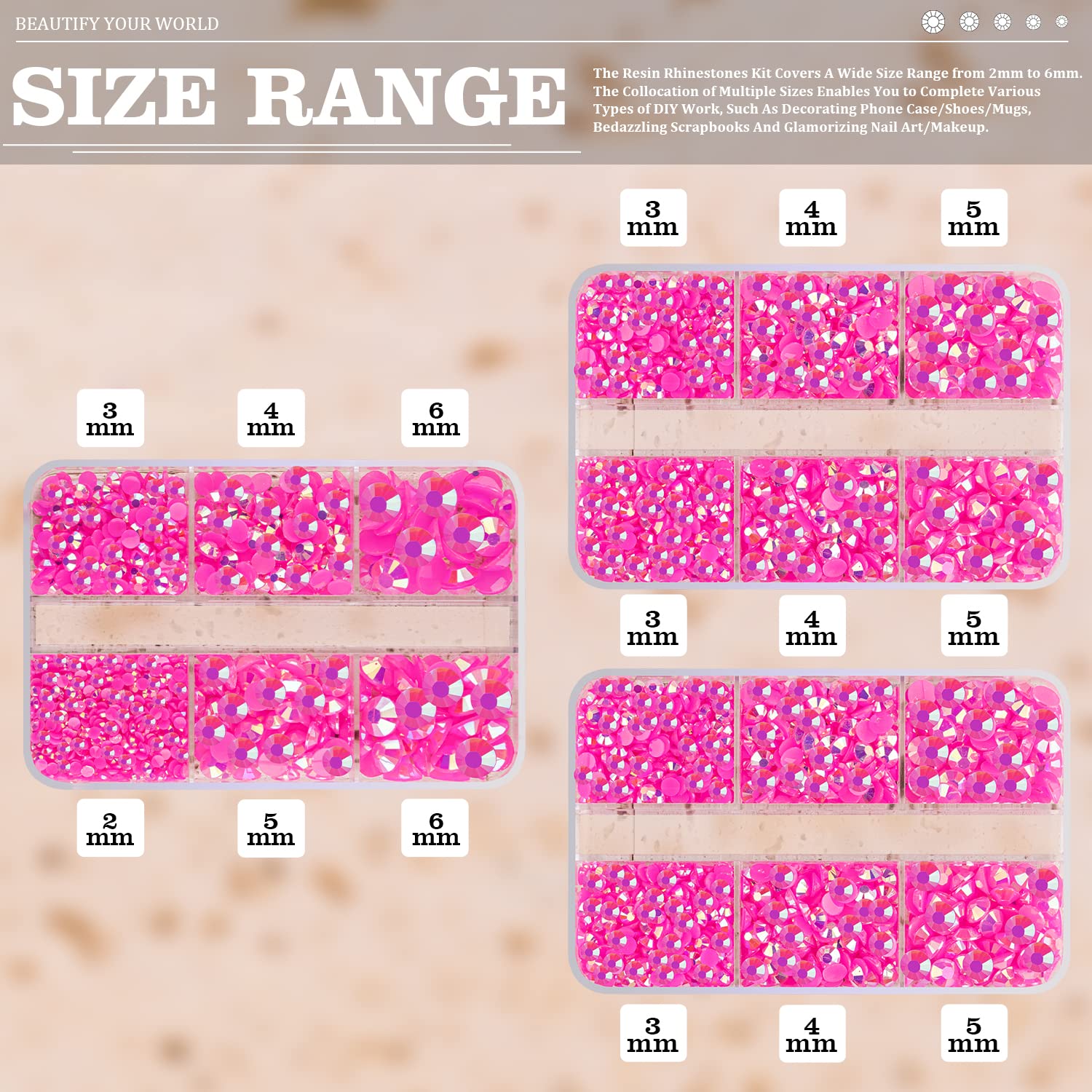 Resin Rhinestones Crafting, 2/3/4/5/6mm Flatback Jelly Rhinestones, 3 Box Hot Pink AB Non Hotfix Crystal Gems for Bedazzling Crafts Mugs Tumblers Clothes Makeup Nail-BrightBean Baby