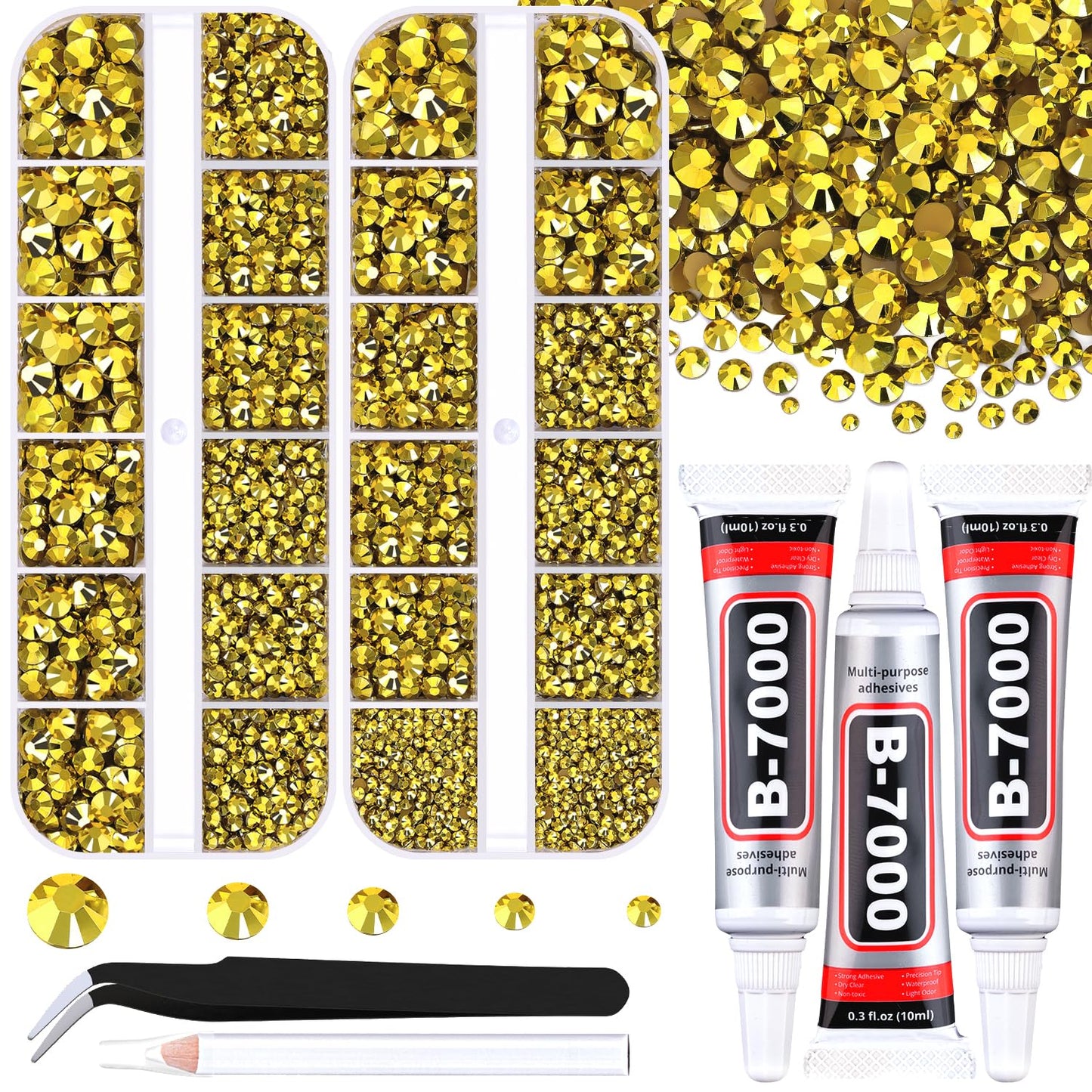 Resin Rhinestones for Crafting with B7000 Jewelry Glue, 2 Boxes Bright Gold Flatback Crystals with 3Pcs 10ml Glue for Bedazzling Crafts DIY Nail Art Makeup, Gems for Clothing Shoes-BrightBean Baby