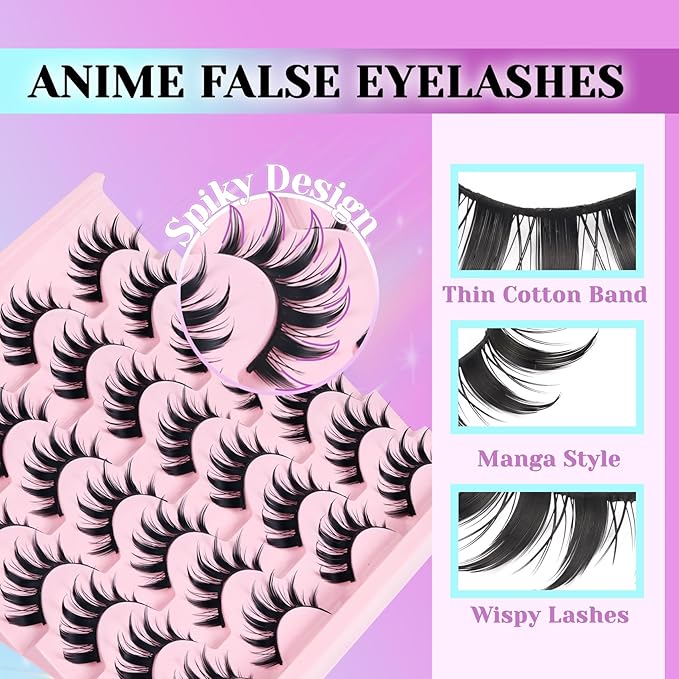 Losha Lashes Spiky Manga Lashes 14 Pairs Anime False Eyelashes 8D Wispy Eye Lashes Kit with Lash Glue and Lash Tweezers Natural Soft Fake Eyelashes (Cutes)-BrightBean Baby