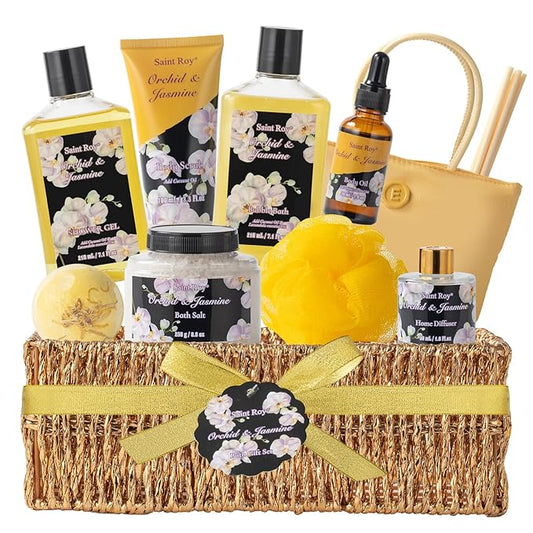 Mother's Day Gift for Mom Bath and Body Gift Basket Orchid & Jasmine Spa Gift Baskets for Women Fragrant Body Lotions, Bath Bomb, Home Spa Gift Basket Rich in Jojoba oil & Shea Butter, Bath Kit Sets-BrightBean Baby
