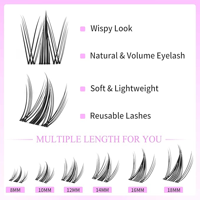 VEYESBEAUTY Lash Clusters Eyelash Extensions Thin & Invisible Band DIY Individual False Eyelashes Newbie's Five-Second Series Wispy Lash Tray for Self-application, Manga Lashes 8-18mm Mixed Length-BrightBean Baby