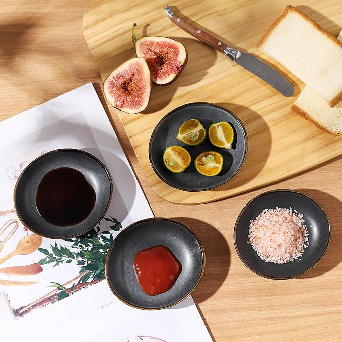 famiware Ocean Soy Sauce Dishes of 6, Oval Dipping Sauce Cups/Bowls for Kitchen, 2.1oz Ceramic Small Bowls for Side Dish, Appetizers, Snacks, and Sushi, Reactive Glaze, Dishwasher Safe, Matte Black