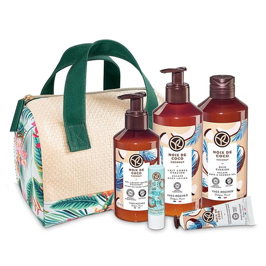Yves Rocher Bain de Nature Coconut 6-Piece Gift Set, Shower Gel, Hand Cream, Body Lotion, Lip Balm, Hand Soap & Vanity Bag, 6 Items-BrightBean Baby
