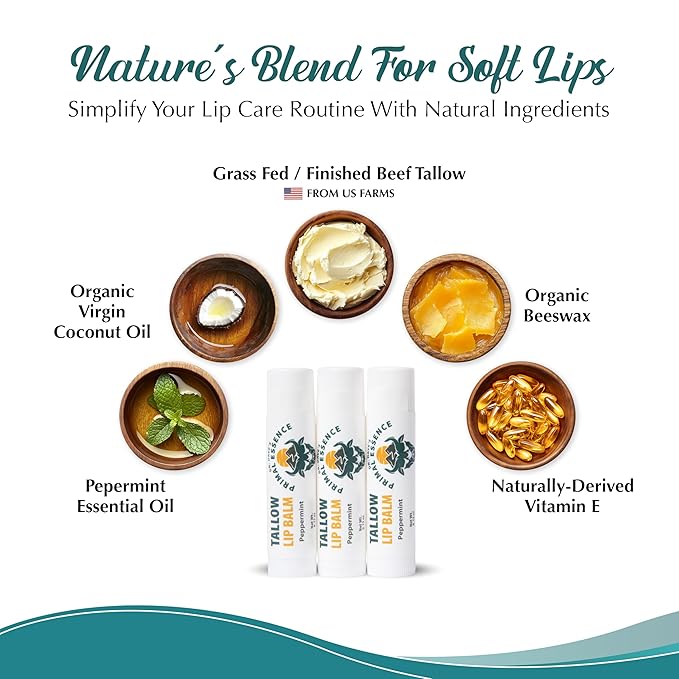 Moisturizing Tallow Lip Balm – Grass-Fed Beef Tallow with Organic Coconut Oil, Beeswax, and Vitamin E – Peppermint – Lip Balm Set – Travel Essential – 3-Pack-BrightBean Baby