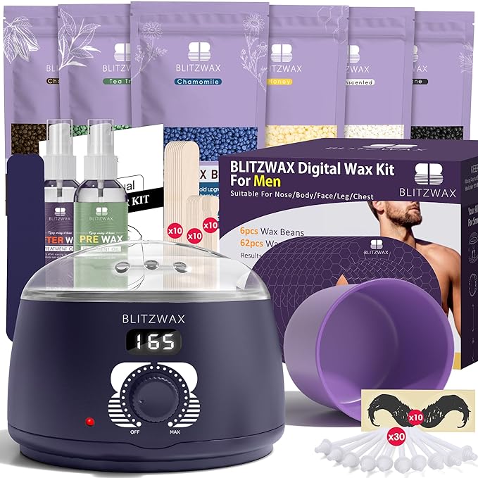 BLITZWAX Brazilian and Bikini Waxing Kit for Men, Hard Wax Warmer for Face, Legs, and Body, At Home Hair Removal Kit, Beginner Friendly, Quick Heating, 30 Nose Wax Sticks-BrightBean Baby
