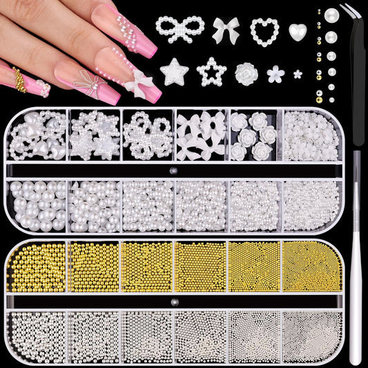 2 Boxes Flatback Pearls (White) and Metal Nail Beads (Silver+Gold) for Acrylic Nail Tips Manicure Decor-BrightBean Baby