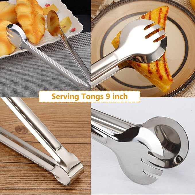 4 PCS Serving Tongs 9 Inch Buffet Tongs Stainless Steel Serving Utensils for Salad Buffet Appetizer Dessert Food Parties, Silver