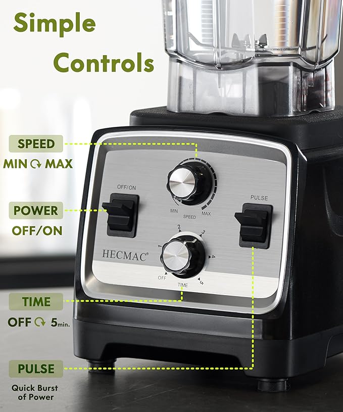 HECMAC 3-Peak HP Blender - 2200W Max/1400W Rated, 68oz BPA-Free Pitcher, Easy to Use, Self-Clean, Tamper - Smoothies, Ice Crush, Frozen Drinks, Food Prep - Home & Commercial, 110V