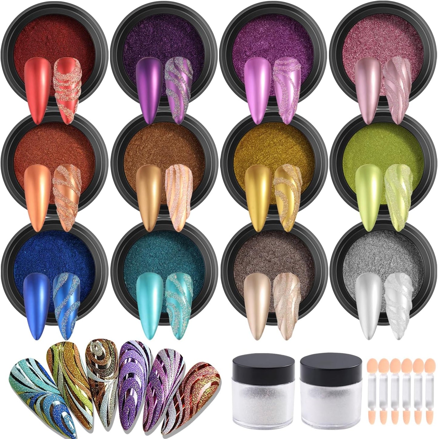 Chrome Nail Powder Set 12 Colors Gold Silver Bronze Chrome Powder for Nails Metallic Nail Glitter Red Green Blue Mirror Rub Pigment with 2PCS Extra Fine White Sugar Powder Nail Design-BrightBean Baby