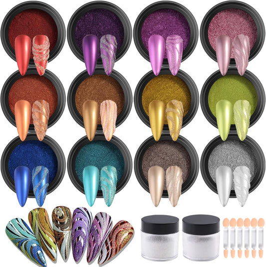 Chrome Nail Powder Set 12 Colors Gold Silver Bronze Chrome Powder for Nails Metallic Nail Glitter Red Green Blue Mirror Rub Pigment with 2PCS Extra Fine White Sugar Powder Nail Design-BrightBean Baby