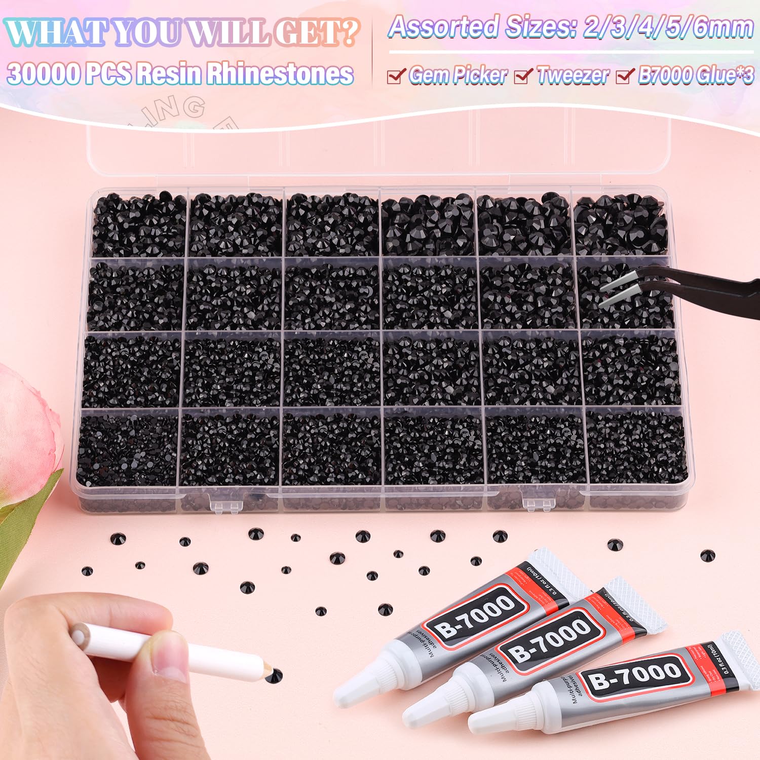 30000Pcs Resin Black Rhinestones for Bedazzling Crafting with b7000 Jewelry Glue, Bulk Flatback Gems Bedazzler Kit for Crafts Clothes Shoes Fabric Nail Diamond Art, Assorted Size 2/3/4/5/6mm-BrightBean Baby