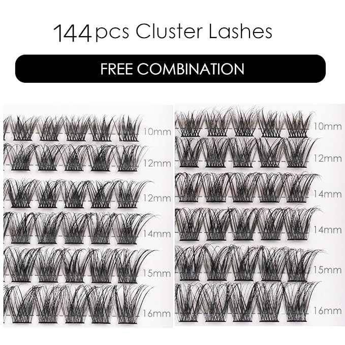 Lash Clusters 144 Pcs Individual Lashes Clusters Eyelash Extensions False Eyelashes DIY Lash Extension Reusable False Eyelashes Natural Look Mix 10-16mm C D Curl-DM17-BrightBean Baby
