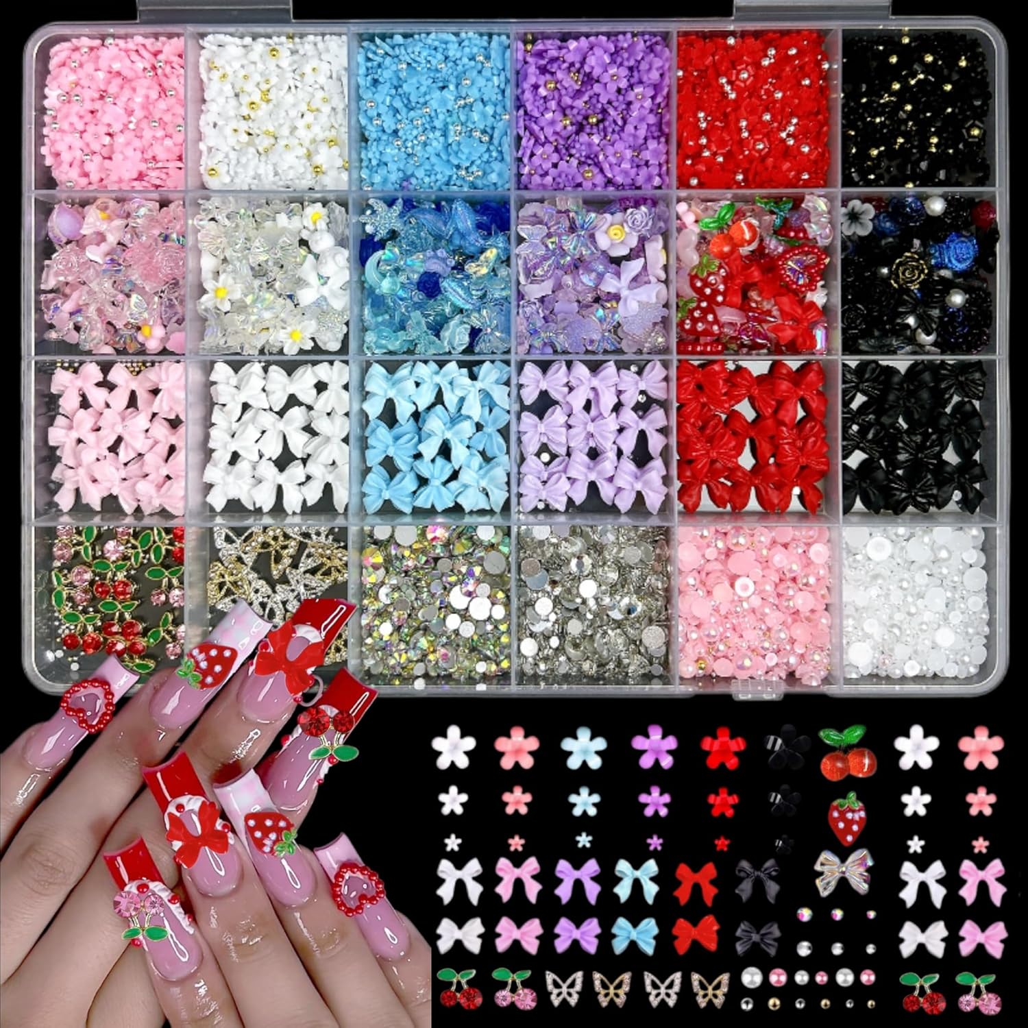 3D Flowers Nail Charms Y2K Kit, Metal Butterfly Cherry Colorful Bow Charms for Nails Art Gems, White and Pink Bows Pearls Charms for Nail Manicure DIY Crafts Jewelry Accessories-BrightBean Baby