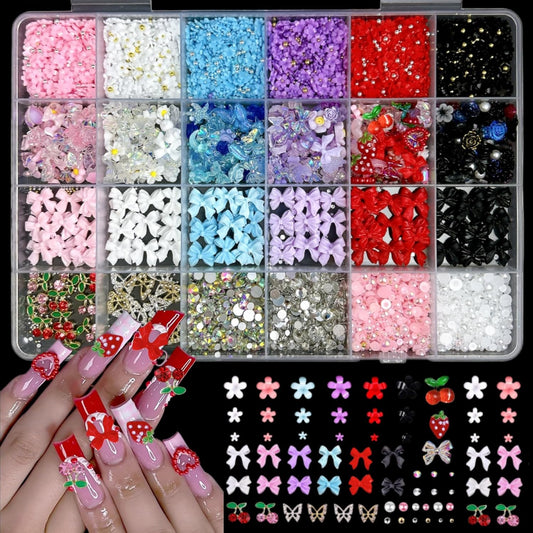 3D Flowers Nail Charms Y2K Kit, Metal Butterfly Cherry Colorful Bow Charms for Nails Art Gems, White and Pink Bows Pearls Charms for Nail Manicure DIY Crafts Jewelry Accessories-BrightBean Baby