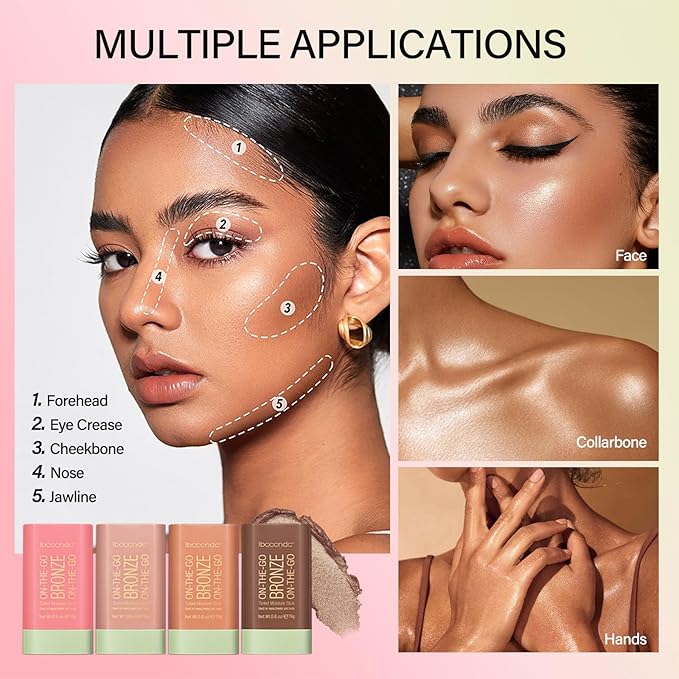 Cream Bronzer Stick,Contour Stick Facial Contouring Stick,Long Lasting Highlighter Waterproof Highlight Makeup,Buildable Shimmer Sparkle Face Bronzer Face Shaping,01 Warm Glow-BrightBean Baby