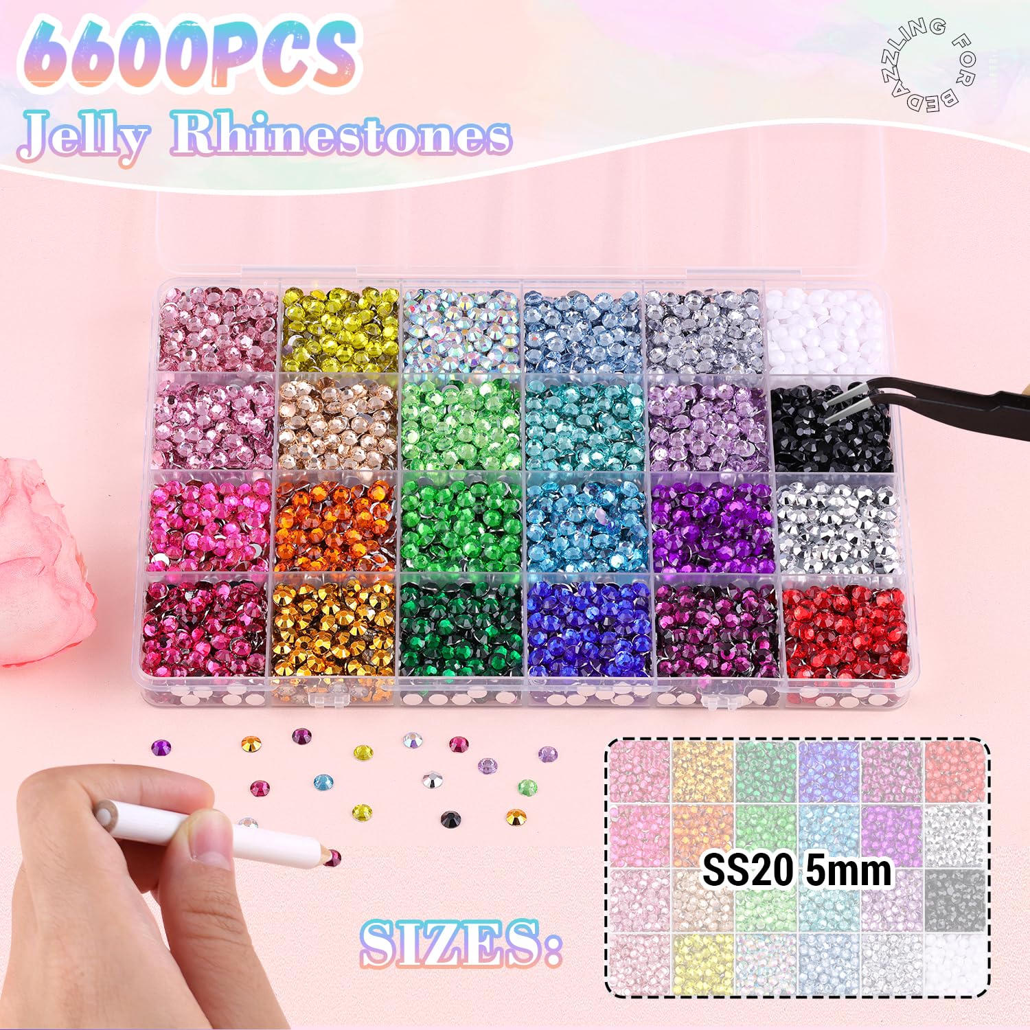 6600Pcs Resin Rhinestones with 3Pcs B7000 Jewelry Glue for Crafting, Multicolors 5mm Non Hotfix Flatback Gems, Bedazzling Crystal for DIY Crafts Clothing Tumblers Mugs Shoes Fabric Decor Nail Art-BrightBean Baby