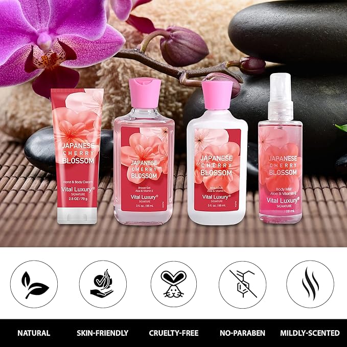 Bath & Body Kit, 3 Fl Oz Travel Size, Ideal Skincare Relaxing Home Spa Set, Includes Body Lotion, Shower Gel, Body Cream, and Fragrance Mist, Bath Gifts for Her and Him (Japanese Cherry-BrightBean Baby
